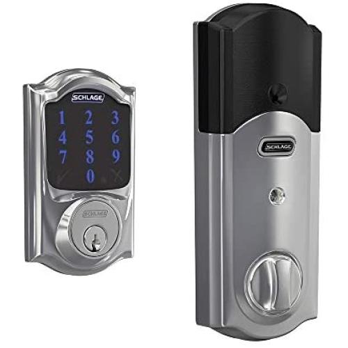 Schlage BE469ZP CAM 625 Connect Smart Deadbolt With Alarm Inbuilt Camelot Trim In Bright Chrome