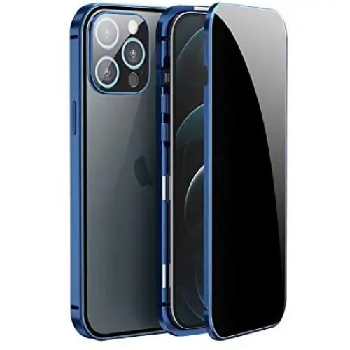 Jonwelsy Anti Peeping Case for iPhone 12 Pro Max (6.7 Inch), Double-Sided Anti Spy Tempered Glass Privacy, 360 Degree Protection Cover, Magnetic Adsorption Metal Bumper for iPhone 12 PM (Blue)