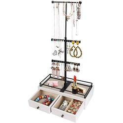 Keebofly Jewelry Organizer Metal & Wood Basic Storage Box - 3 Tier Jewelry Stand for Necklaces Bracelet Earrings Ring White