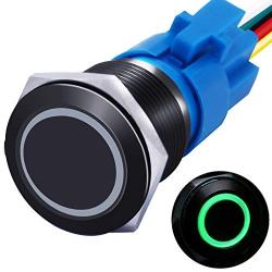 mxuteuk 19mm Momentary Push Button Switch 1 NO 1 NC SPDT ON/Off Black Metal Shell with 12v Green LED Ring with Wire Socket Plug Suitable for 3/4'' Mounting Hole M-19-O-B-G