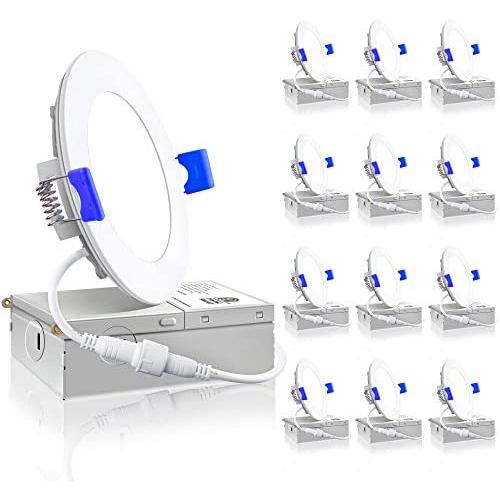 Ensenior 12 Pack 4 Inch Ultra-Thin LED Recessed Ceiling Light with Junction Box, 5000K Daylight, 9W 75W Eqv, Dimmable Can-Killer Downlight, 750LM High Brightness - ETL and Energy Star Certified