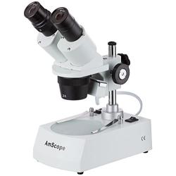 AmScope SE306R-PZ-LED Forward-Mounted Binocular Stereo Microscope, WF10x and WF20x Eyepieces, 20X/40X/80X Magnification, 2X and 4X Objectives, Upper and Lower LED Lighting, Reversible Black/White Stage Plate, Pillar Stand, 120V or Battery-Powered