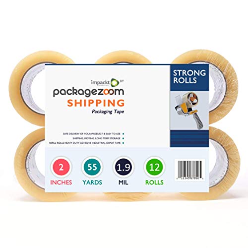 PackageZoom Packing Tape - Clear 12 Rolls x 55 Yd. 2'' Wide, 1.9mil Heavy Duty Sealing Adhesive for Boxes, Shipping, Moving, Packaging, Office, Storage, Tape Gun Refills