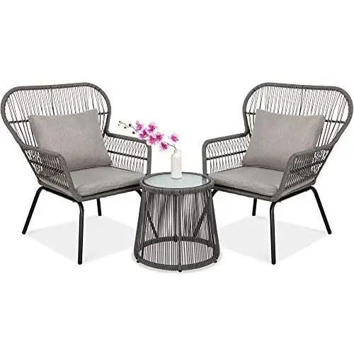 Best Choice Products 3-Piece Outdoor All-Weather Wicker Conversation Bistro Furniture Set w/ 2 Chairs and Glass Top Side Table, Gray