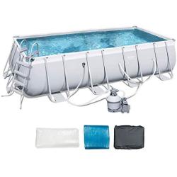 Bestway 18 x 9 x 4 Power Steel Frame Above Ground Rectangular Swimming Pool Set with 1000 GPH Sand Filter Pump, Pool Cover, and Ladder