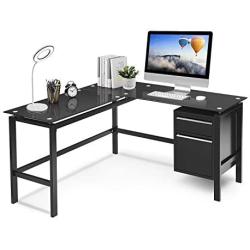 L Shaped Home Office Desk, Pataku Corner Computer Desk Modern Study Writing Table with 2 Drawers, Tempered Glass Desktop, Metal Frame, Black