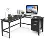 L Shaped Home Office Desk, Pataku Corner Computer Desk Modern Study Writing Table with 2 Drawers, Tempered Glass Desktop, Metal Frame, Black