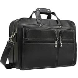 Texbo Mens Solid Full Grain Cowhide Leather Large 17 Inch Laptop Briefcase Messenger Bag Tote with YKK Zippers (Black -Calfskin Leather)