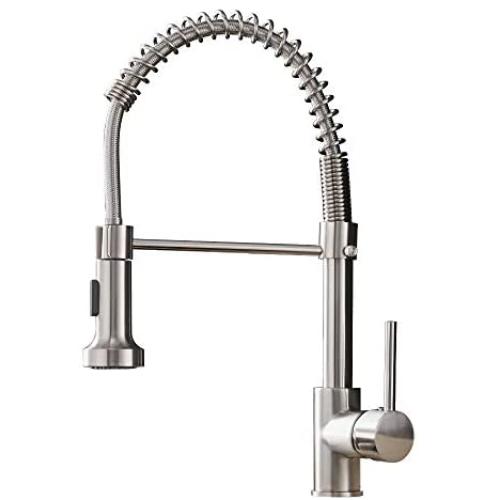 OWOFAN Kitchen Faucets Low Lead Commercial Solid Brass Single Handle Single Lever Pull Down Sprayer Spring Kitchen Sink Faucet, Brushed Nickel