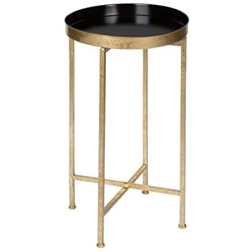 Kate and Laurel Celia Round Metal Foldable Tray Accent Table, Black with Gold Base