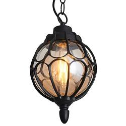 IJ INJUICY Outdoor Hanging Lamp Lantern, Waterproof Pendant Lighting Fixture in Painted Metal with Glass Globe, Exterior Ceiling Light for Porch, Entryway,Restaurant 9.1'' (Black)