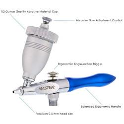 Master Airbrush Gravity Feed Air Abrasive Eraser and Etching Airbrush Kit - Mini Sandblaster Etcher Gun with 1/2 oz. Cup, 0.5 mm Tip, Hose - Etch Glass Designs, Strip Paint, Remove Rust, How-To-Guide