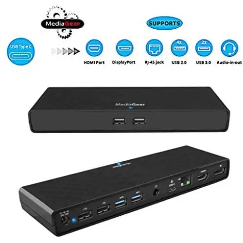 MediaGear USB C Docking Station w/ 45W Laptop Power Delivery: Dual HDMI+DisplayPort, USB 3.0/2.0, Ethernet, Audio/Mic Jack, Bundle: 65W AC Adapter, C-C Cable, C-A Dongle for Mac & Windows OS MediaGear USB C Docking Station w/ 45W Laptop Power Delivery: Dual HDMI+DisplayPort, USB 3.0/2.0, Ethernet, Audio/Mic Jack, Bundle: 65W AC Adapter, C-C Cable, C-A Dongle for Mac & Windows OS
