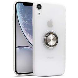 OiOMGin iPhone XR One Body 360 Metal Ring Holder Case, Hard Semilucent Translucent Matte Skin Back Soft Side, White Ring Embedded Naturally iPhone 11 6.1inch[Built-in Ring+Lens Hole Protection]-White