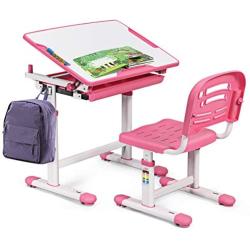 BABY JOY Kids Desk and Chair Set, Height Adjustable Child Desk Set w/Tilt Desktop, Pull Out Drawer Storage, Metal Hook, Multifunctional School Student Study Desk Chair for Boys & Girls (Pink)