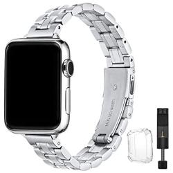 STIROLL Thin Replacement Band Compatible for Apple Watch 38mm 40mm 42mm 44mm, Stainless Steel Metal Wristband Women Men for iWatch SE Series 6/5/4/3/2/1 (Silver, 38mm/40mm)