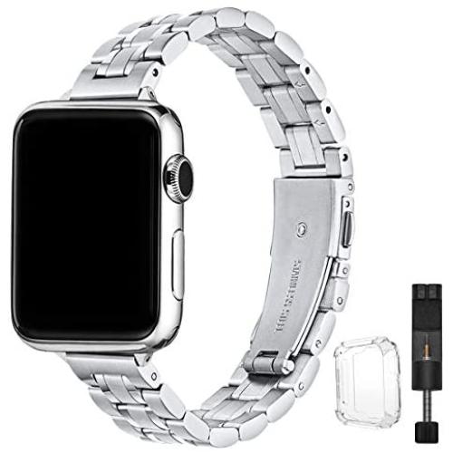 STIROLL Thin Replacement Band Compatible for Apple Watch 38mm 40mm 42mm 44mm, Stainless Steel Metal Wristband Women Men for iWatch SE Series 6/5/4/3/2/1 (Silver, 38mm/40mm)