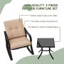 SOLAURA 3-Piece Outdoor Rocking Chairs Bistro Set, Black Steel Patio Furniture with Brown Thickened Cushion & Glass-Top Coffee Table