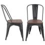 JUMMICO Metal Dining Chair Stackable Industrial Vintage Kitchen Chairs Indoor-Outdoor Bistro Cafe Side Chairs with Back and Wooden Seat Set of 4 (Black)