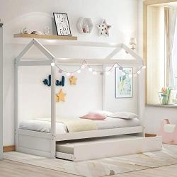 House Bed Daybed Twin Size Bed Frame with Trundle and Roof, Twin Trundle Daybed for Kids, No Box Spring Needed (White (Trundle House Daybed))