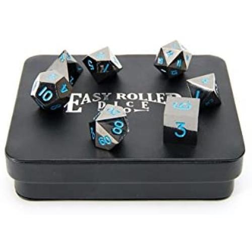 Powder Blue Gun Metal Polyhedral Dice Set | 7 Piece | Professional Edition | Free Display Case | Hand Checked Quality Control