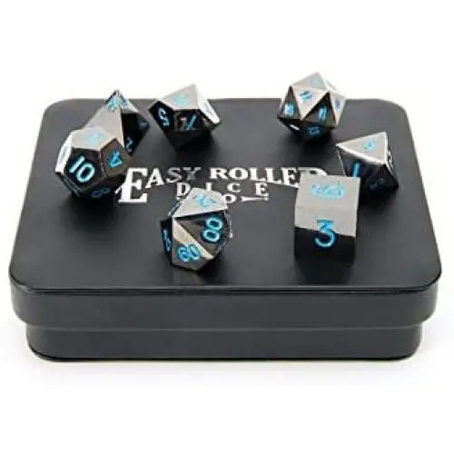 Powder Blue Gun Metal Polyhedral Dice Set | 7 Piece | Professional Edition | Free Display Case | Hand Checked Quality Control Powder Blue Gun Metal Polyhedral Dice Set | 7 Piece | Professional Edition | Free Display Case | Hand Checked Quality Control