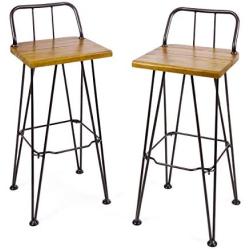 Christopher Knight Home Denali Outdoor Industrial Acacia Wood Barstools with Finished Iron Frame, 2-Pcs Set, Teak Finish / Rustic Metal