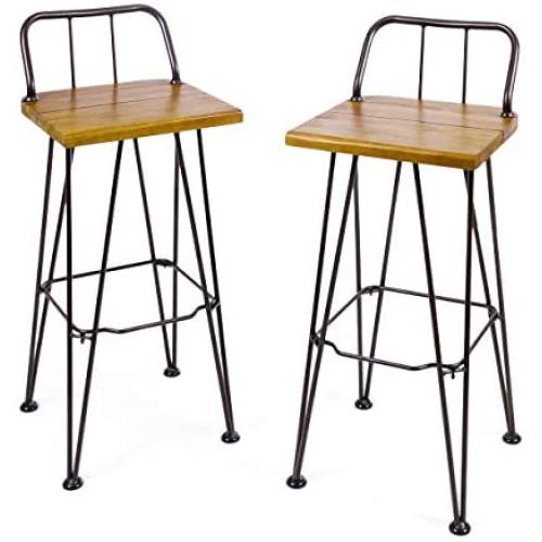 Christopher Knight Home Denali Outdoor Industrial Acacia Wood Barstools with Finished Iron Frame, 2-Pcs Set, Teak Finish / Rustic Metal