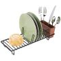 mDesign Compact Modern Kitchen Countertop, Sink Dish Drying Rack, Removable Cutlery Tray - Drain and Dry Wine Glasses, Bowls and Dishes - Metal Wire Drainer in Black with Cherry Bamboo Caddy