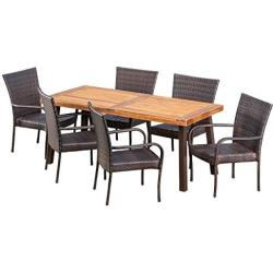 Christopher Knight Home Leopold Outdoor 7-Piece Acacia Wood/Wicker Dining Set | with Teak Finish | in Multibrown, Rustic Metal