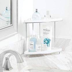 mDesign Metal 2-Tier Corner Storage Organizing Caddy Stand for Bathroom Vanity Countertops, Shelving or Under Sink - Free Standing, 2 Shelves - White/Chrome