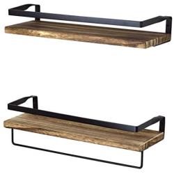 Peters Goods Rustic Floating Wall Shelves with Rails - Decorative Storage for Kitchen, Bathroom, and Bedroom - Elegant, Modern Shelving - Torched Paulownia Wood, Matte Black Metal Frame - Set of 2