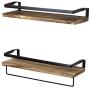 Peters Goods Rustic Floating Wall Shelves with Rails - Decorative Storage for Kitchen, Bathroom, and Bedroom - Elegant, Modern Shelving - Torched Paulownia Wood, Matte Black Metal Frame - Set of 2