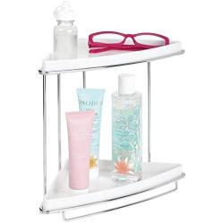 mDesign Metal 2-Tier Corner Storage Organizing Caddy Stand for Bathroom Vanity Countertops, Shelving or Under Sink - Free Standing, 2 Shelves - White/Chrome