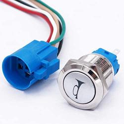 TWTADE 19 MM 12V Horn Push Button Blue LED Lighted Momentary Car Auto Flat Head Horn Switch Speaker Metal Toggle Switch with Prewiring Wires HORNP19-BU