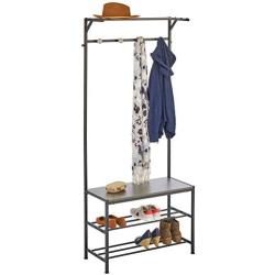 mDesign Coat Rack and Bench Organizer System Storage Unit, 4 Hooks Holds Jackets, Scarves, Purses, Hats, Leashes, Shoes, Boots for Bedroom, Hallway, Entryway 2-Tier Storage Bench- Black/Gray Wood Wash