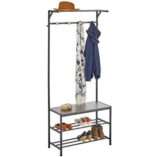 mDesign Coat Rack and Bench Organizer System Storage Unit, 4 Hooks Holds Jackets, Scarves, Purses, Hats, Leashes, Shoes, Boots for Bedroom, Hallway, Entryway 2-Tier Storage Bench- Black/Gray Wood Wash mDesign Coat Rack and Bench Organizer System Storage Unit, 4 Hooks Holds Jackets, Scarves, Purses, Hats, Leashes, Shoes, Boots for Bedroom, Hallway, Entryway 2-Tier Storage Bench- Black/Gray Wood Wash