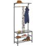 mDesign Coat Rack and Bench Organizer System Storage Unit, 4 Hooks Holds Jackets, Scarves, Purses, Hats, Leashes, Shoes, Boots for Bedroom, Hallway, Entryway 2-Tier Storage Bench- Black/Gray Wood Wash