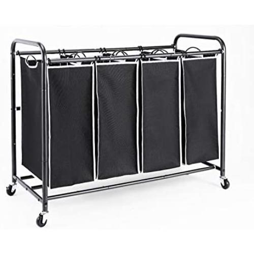 ROMOON 4 Bag Laundry Sorter Cart, Laundry Hamper Sorter with Heavy Duty Rolling Wheels for Clothes Storage, Black