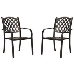 CW Chair Stackable Outdoor Patio Dining Chairs Rust-Free Cast Aluminum Frame with Arms, Lattice Weave Design Metal Furniture Set for Lawn Garden Backyard, Set of 2, Dark Brown