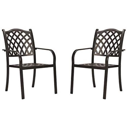 CW Chair Stackable Outdoor Patio Dining Chairs Rust-Free Cast Aluminum Frame with Arms, Lattice Weave Design Metal Furniture Set for Lawn Garden Backyard, Set of 2, Dark Brown