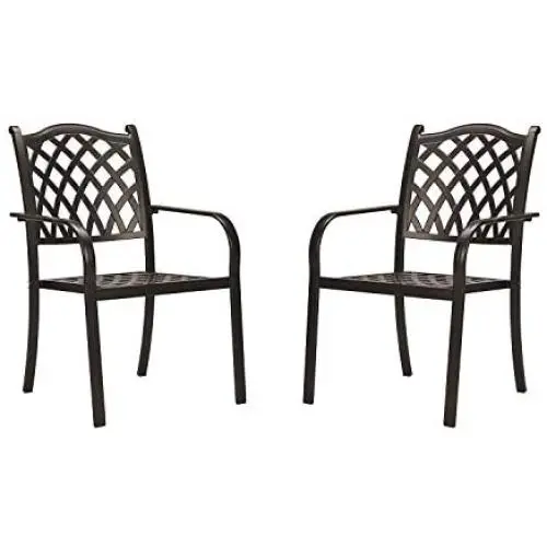 CW Chair Stackable Outdoor Patio Dining Chairs Rust-Free Cast Aluminum Frame with Arms, Lattice Weave Design Metal Furniture Set for Lawn Garden Backyard, Set of 2, Dark Brown