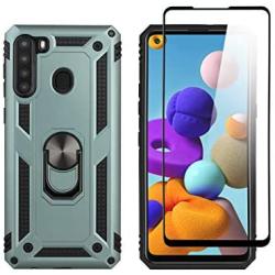 SWP for Samsung Galaxy A21 Case(US Version),Dual Layer Shock-Absorption Armor Cover,Full-Body Protective Case with Metal Ring Holder Kickstand for A21 (Dark Green)