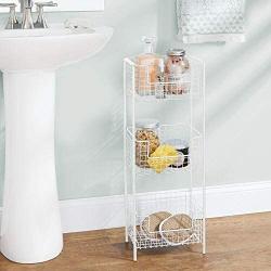 mDesign 3 Tier Vertical Standing Bathroom Shelving Unit, Decorative Metal Storage Organizer Tower Rack Center with 3 Basket Bins to Hold and Organize Bath Towels, Hand Soap, Toiletries - White