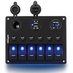 Nilight 6 Gang 5 Pin ON/Off Toggle Rocker Switch Panel with 12V-24V LED Digital Voltmeter 3.1A Dual USB Charger Cigarette Lighter Socket Overload Protection For RV Truck Boat SUV, 2 Years Warranty