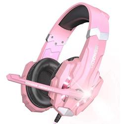 BENGOO G9000 Professional Gaming Headset for PS4, PC, Xbox One Controller, Noise Cancelling Over Ear Headphones with Mic, LED Light, Bass Surround, Soft Memory Earmuffs for Laptop Nintendo - Pink