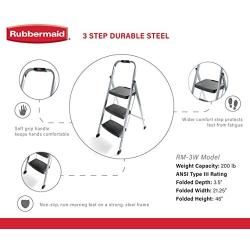 Rubbermaid RM-3W Folding 3-Step Steel Frame Stool with Hand Grip and Plastic Steps, 200-Pound Capacity, Silver Finish (Amazon Exclusive)