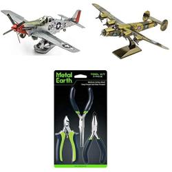 Fascinations Metal Earth 3D Metal Model Kit Bundle - P-51D Mustang Sweet Arlene - B-24 Liberator - Tool Set