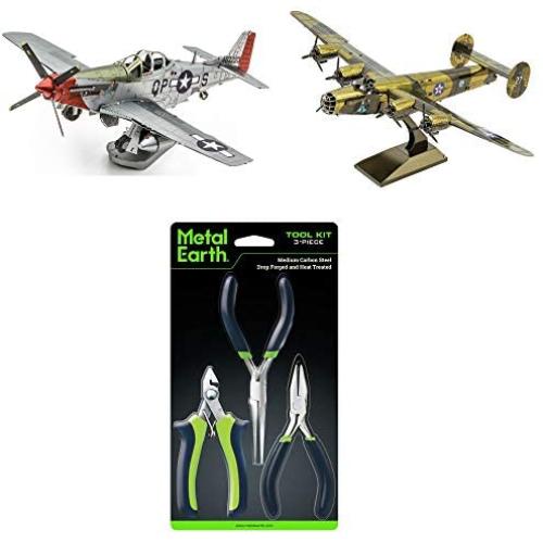 Fascinations Metal Earth 3D Metal Model Kit Bundle - P-51D Mustang Sweet Arlene - B-24 Liberator - Tool Set