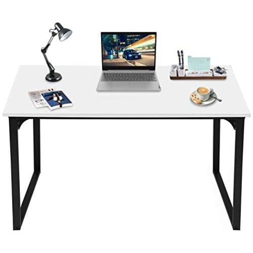 KINGSO Small Computer Desk 39'' Study Writing Table for Home Office, Black Modern Desk Laptop Desk Sturdy Work Table PC Wood Computer Table with Black Metal Frame(White)